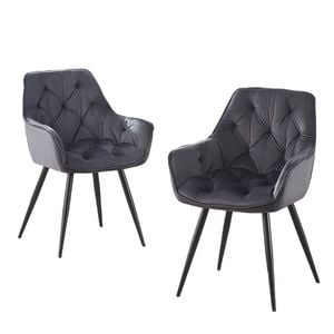 BRIBRION x2 Velvet Dining Chair with Arms Black Metal Legs Tufted Back Armrests Accent Vanity Grey Gray