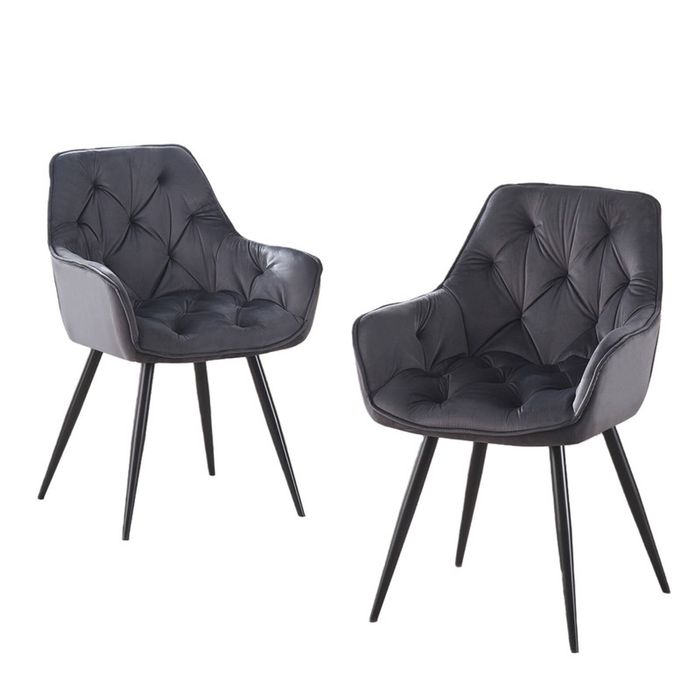 BRIBRION x2 Velvet Dining Chair with Arms Black Metal Legs Tufted Back Armrests Accent Vanity Grey Gray