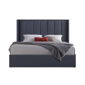 Gas Lift Queen Bed Frame Non-woven Fabric MDF KD Slats in Black
