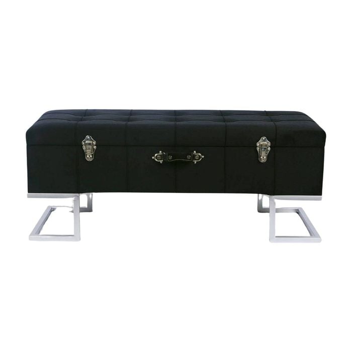 P&P Sleek Black Velvet Storage Ottoman with Silver Iron Base 105x40x42cm