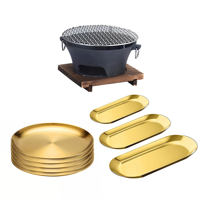 SOGA Kitchenware Bundle Gold Nordic Plate Set 23cm Grilling Plate and Cast Iron BBQ Grill