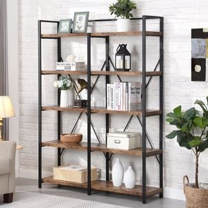 HOMFURN 5 Tier Industrial Bookshelf, Rustic Wood Bookcase, Metal Tall Book Shelf with Open Shelving Unit, Brown