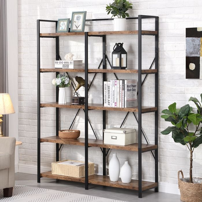 HOMFURN 5 Tier Industrial Bookshelf, Rustic Wood Bookcase, Metal Tall Book Shelf with Open Shelving Unit, Brown