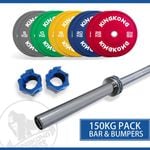 150KG Premium Color Olympic Bumper Plates Set + 20KG Olympic Barbell 700LB