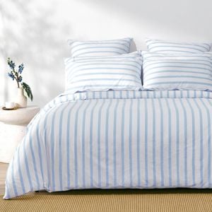 Dreamaker Bask Washed Cotton Yarn Dyed Stripe Quilt Cover Set Sky Queen