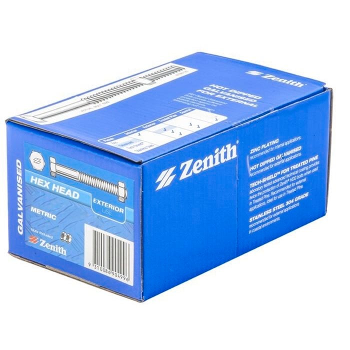 Zenith M10 x 100mm Galvanised Hex Head Bolt And Nut - 50 Pack