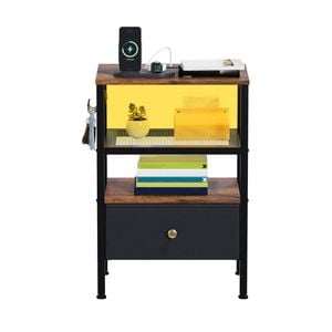 Ufurniture Bedside Table with Fabric Drawer End Table with Charging Station and LED Lights Brown＋Black