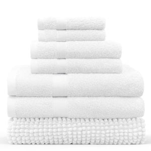 LINENOVA 7 Pieces Cotton Towels Bath Towel Hand Washer Face Cloth Bath Mat Set - White