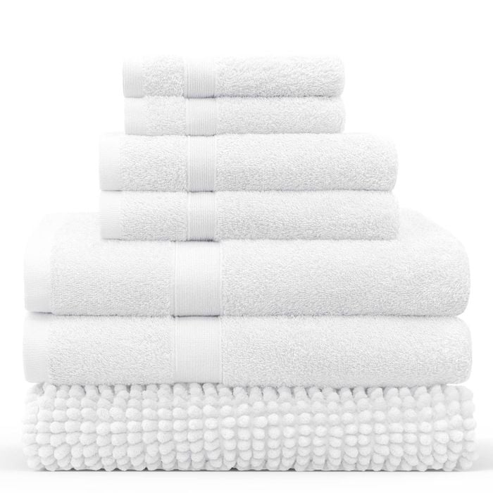 LINENOVA 7 Pieces Cotton Towels Bath Towel Hand Washer Face Cloth Bath Mat Set - White
