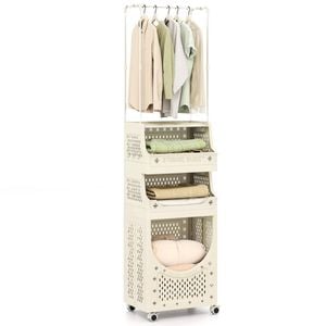 Costway 4-tier Folding Laundry Hamper W/hanging Bar 2 Basket 8 Hook