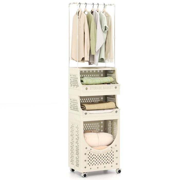 Costway 4-tier Folding Laundry Hamper W/hanging Bar 2 Basket 8 Hook