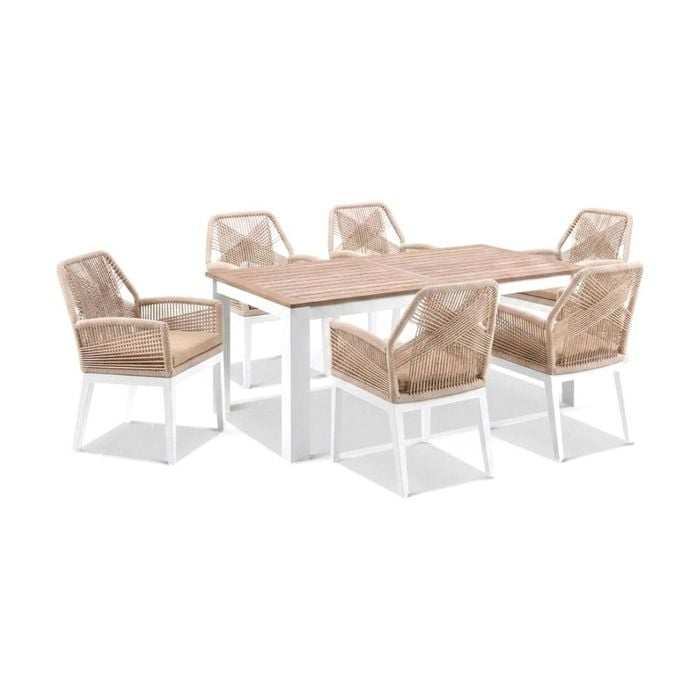 Balmoral Outdoor 1.8m Teak/aluminium Table White With 6 Hugo Chairs & Cream Rope/cream Cushions