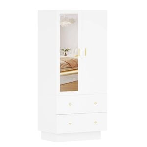 Ufurniture 2 Doors Armoire Wardrobe Closet with Mirror LED Lights Bedroom Armoire with Drawers White