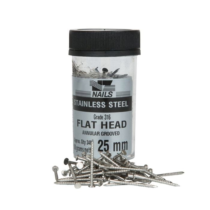 NZ Nails 25 x 1.6mm 100g 316 Stainless Steel Flat Head Nail
