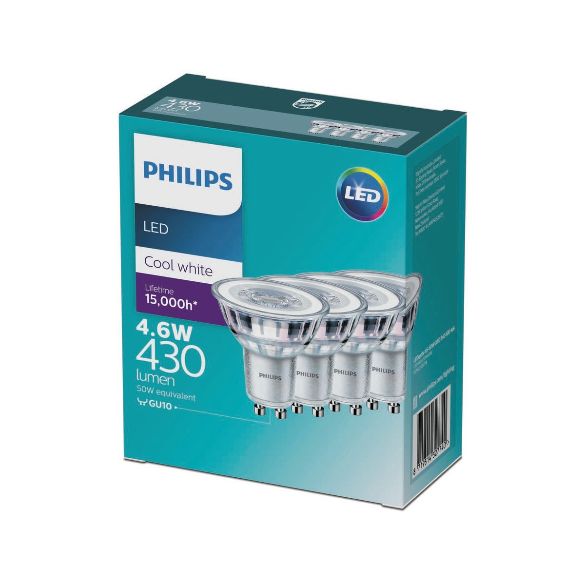 Philips GU10 LED 430Lm Cool White 4.6W Spot - 4 Pack - Bunnings Australia