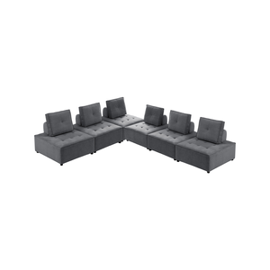 Foret 6pc Armless Seat Modular Extension Ottoman Couch Velvet Sofa Dark Grey