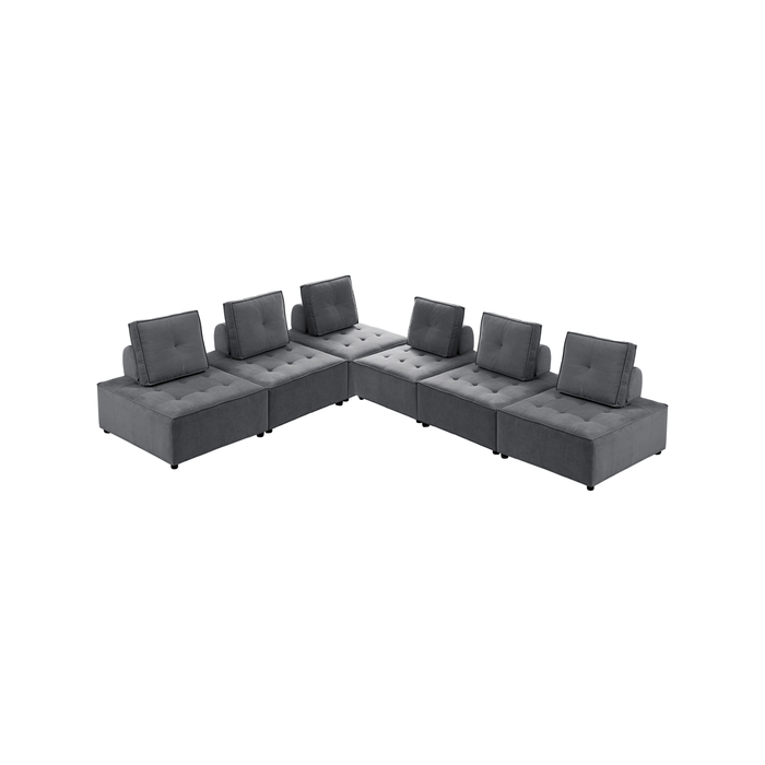 Foret 6pc Armless Seat Modular Extension Ottoman Couch Velvet Sofa Dark Grey
