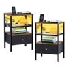 Ufurniture Bedside Table Set of 2 with Fabric Drawer 3-Level End Table with Charging Station Brown＋Black