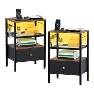 Ufurniture Bedside Table Set of 2 with Fabric Drawer 3-Level End Table with Charging Station Brown＋Black