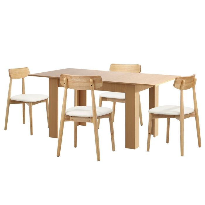 Oikiture 160cm Extendable Dining Table with 4x Dining Chairs PU Leather Natural