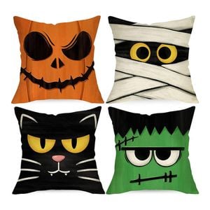 Catzon 4 Pcs Scary Throw Pillow Covers Linen Cushion Case for Decor 50X50cm