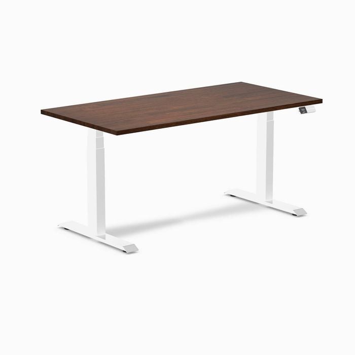 Desky Dual Red Walnut Rubberwood Sit Stand Desk 150x75cm White Frame Leg