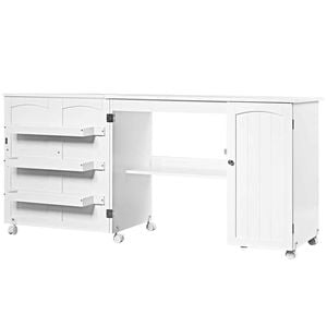 Costway 158.5x50cm Large Foldable Sewing Table Rolling Drop Leaf White