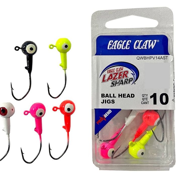 10 Pack of 1/8oz Size 1/0 Eagle Claw Lazer Sharp Ball Head Jigs-Assorted Colours