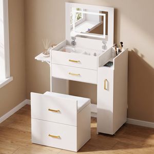 Advwin 3-in-1 Makeup Vanity Desk w/ Flip Top Mirror, Glass Top & Charging Station