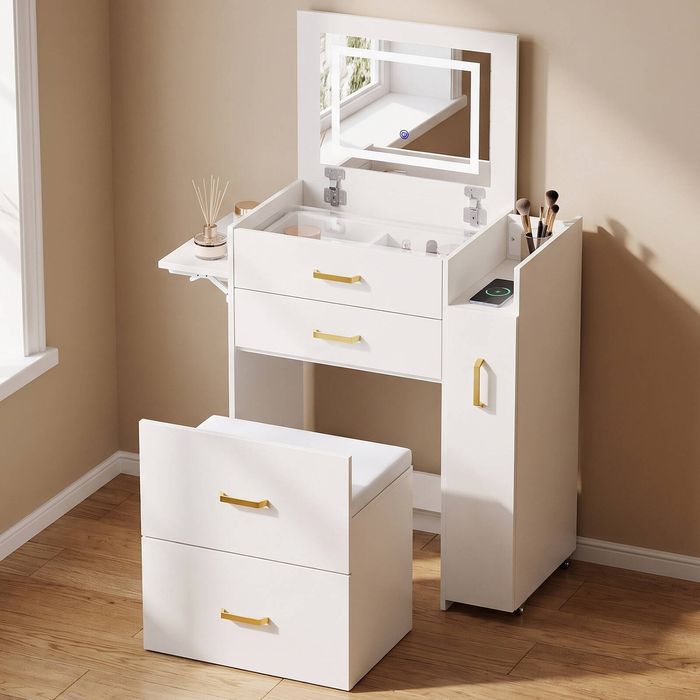 Advwin 3-in-1 Makeup Vanity Desk w/ Flip Top Mirror, Glass Top & Charging Station