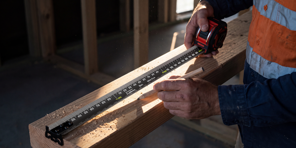 Worker using a Crescent Lufkin tape measure to measure timber framing at a construction site.