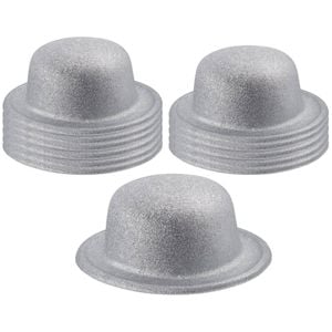 12x GLITTER BOWLER HAT Fancy Party Plastic Costume Cap Fun Dress Up Sparkle BULK White/Silver