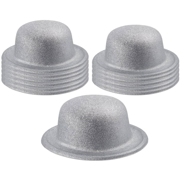12x GLITTER BOWLER HAT Fancy Party Plastic Costume Cap Fun Dress Up Sparkle BULK White/Silver