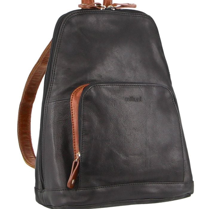 Milleni Women's Leather Twin Zip Travel Backpack Bag 24x32cm Black Chestnut