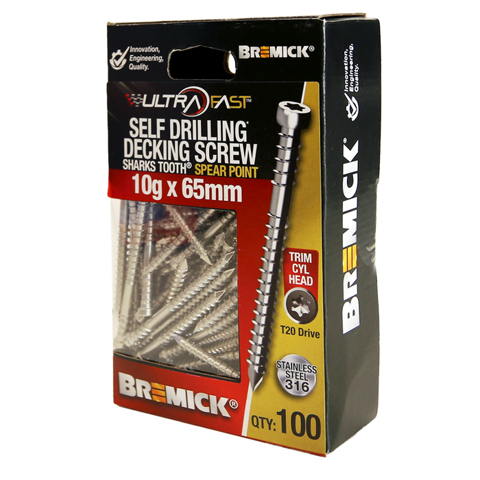 Bremick Ultrafast 10g x 65mm Stainless Steel 316 T20 Trim Head -100 Pack