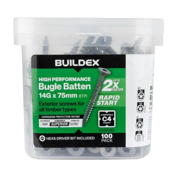 Buildex® 14G x 75mm Class 4 Bugle Batten Screws - 100 pack