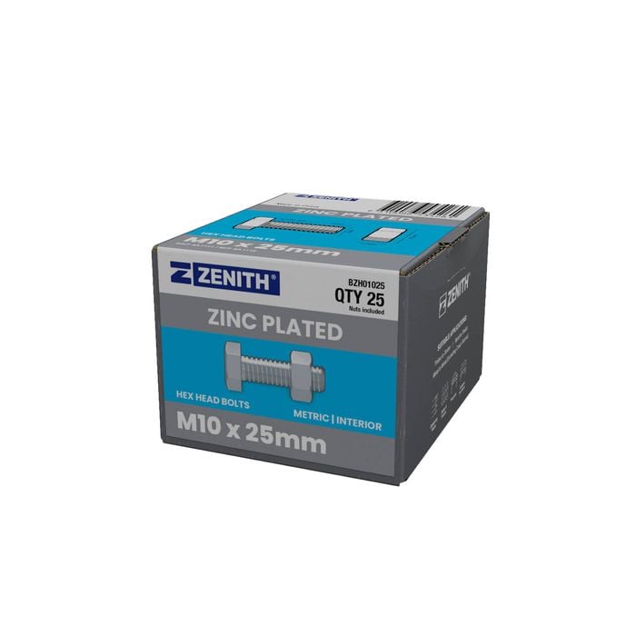ZENITH M10 x 25mm Zinc Plated Hex Head Bolts and Nuts - 25 Pack