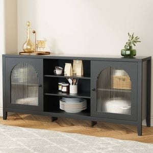 HOMFURN Buffet Sideboard Cabinet, Cupboard Corner Storage Table with 3-Tier Adjustable Shelves and Glassed Doors, Black