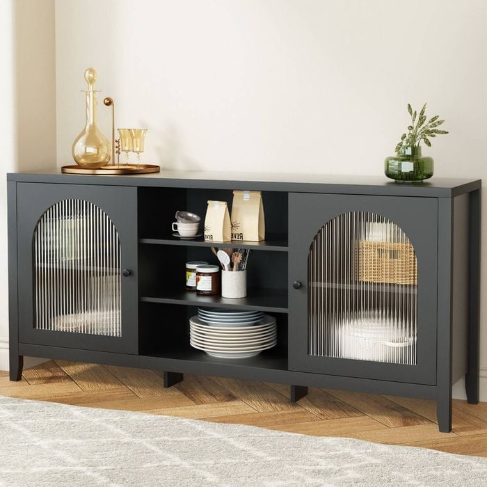 HOMFURN Buffet Sideboard Cabinet, Cupboard Corner Storage Table with 3-Tier Adjustable Shelves and Glassed Doors, Black