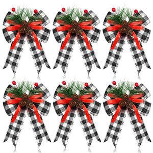 Catzon 6 Pcs Christmas Bows with Pine Cones Pine Needles for Xmas Tree Wreath Decor-BlackWhite