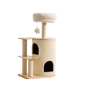 Natural Wood Cat Tree with Top Lookout and Double-Level Condo