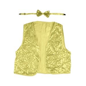 Kids Sequin Vest Bow Tie Set Costume 80s Party Dress Up Waistcoat Gold/Yellow