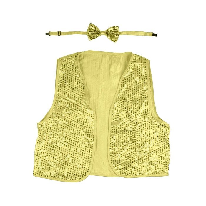 Kids Sequin Vest Bow Tie Set Costume 80s Party Dress Up Waistcoat Gold/Yellow