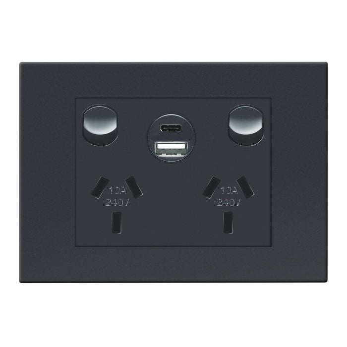 HPM Black VIVO Double Powerpoint With Type A+C 15W USB Charger Mechanism