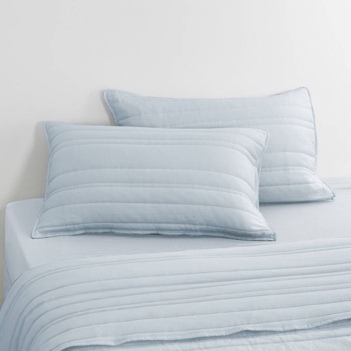 Dreamaker Superfine Washed Microfibre Stripe Quilted Standard Pillowcase Twin Pack Ice Blue