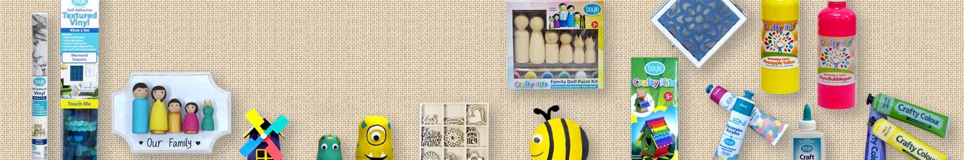 Wooden craft kits, paint, glue and other craft items.