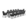 Santorini 3.55m Outdoor Aluminium Dining Table Charcoal With 12 Hugo Chairs & Carbon Grey/denim Grey Cushions