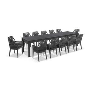 Santorini 3.55m Outdoor Aluminium Dining Table Charcoal With 12 Hugo Chairs & Carbon Grey/denim Grey Cushions