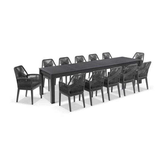 Santorini 3.55m Outdoor Aluminium Dining Table Charcoal With 12 Hugo Chairs & Carbon Grey/denim Grey Cushions