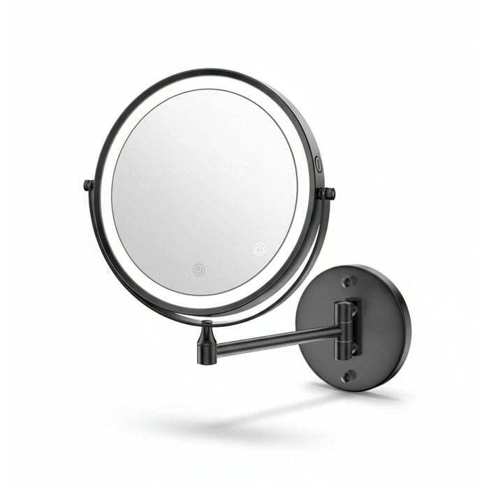 Rechargeable Lighted Makeup Mirror with 3 Color Lights, Dimmable Touch Screen, 8 LED Double Sided 1x/10x  (Black)
